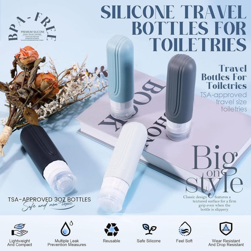 YIIMER Travel Bottles for Toiletries, 3oz TSA Approved Travel Size Toiletries, Silicone Leak-Proof Refillable Containers, Squeezable Liquid Essentials Bottles W/Clear Bag (GRAY) - Image 2